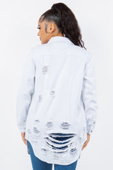 American Bazi Distressed Long Sleeve Denim Jacket for Women - Button Up Casual Outerwear